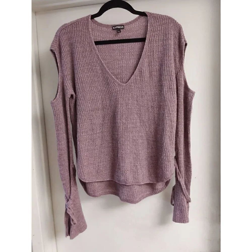 EXPRESS Cold Shoulder Long Tie Sleeves Light Amethyst Color Sweater Sz M~EUC